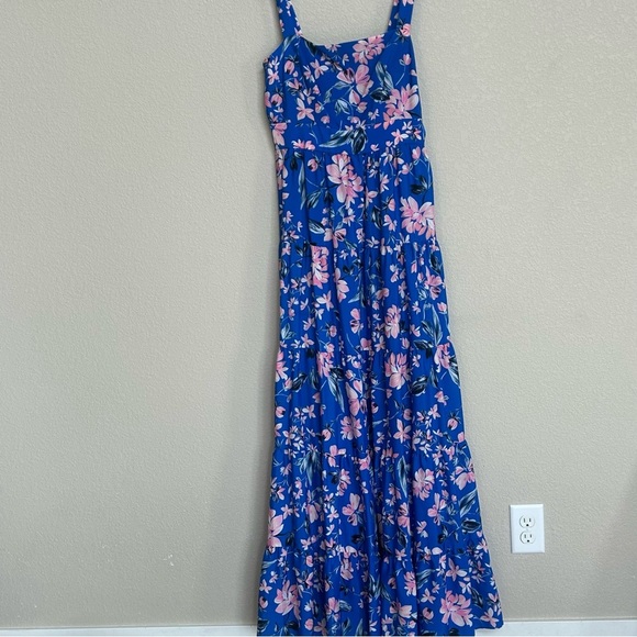Eliza J Blue Pink Floral Tiered Maxi Dress 6 Smocked Back Spring Summer - Picture 2 of 9